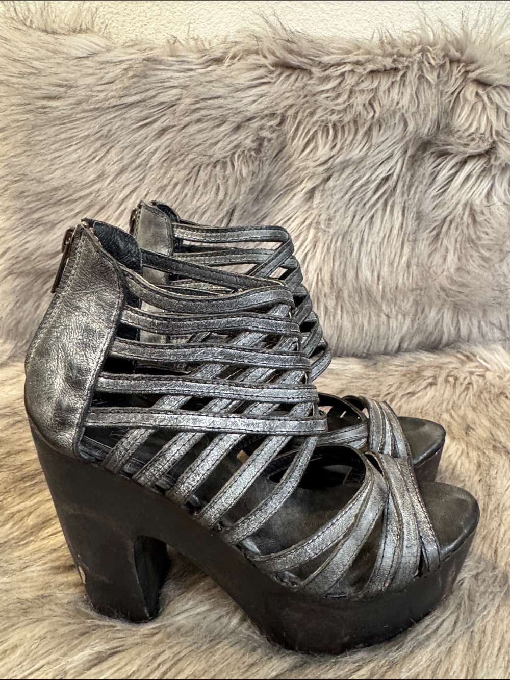 Freebird by Steven Costa Strappy Metallic Gray Platform Heels Size 7